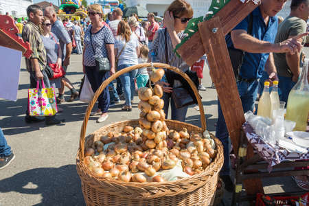 Luh, Ivanovo region, Russia - 08/25/2018: Large basket with onions at the regional festival-fair Luk-luchok August 25, 2018 in the city of Luh, Ivanovo region, Russia.のeditorial素材