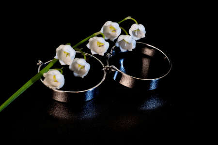 Brilliant round wide metal earrings on a black background, close-up shot.