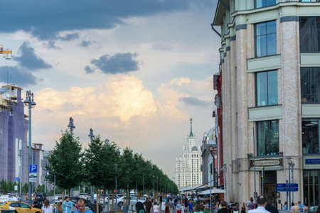 Moscow, Russia - 06/22/2019: Stormy sky with dark and orange clouds.のeditorial素材