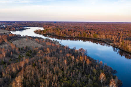 River Uvod in the rays of the setting sun in the vicinity of the village of Rozhnovo, Ivanovo...