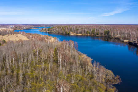 View from the drone of the Uvodsky reservoir on a spring day, Ivanovo Region, Russia.