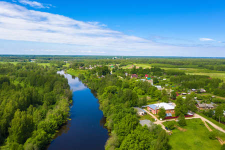 The village of Krasnoarmeyskoye, Shuisky district, Ivanovo region on the Teza river on a summer day,...
