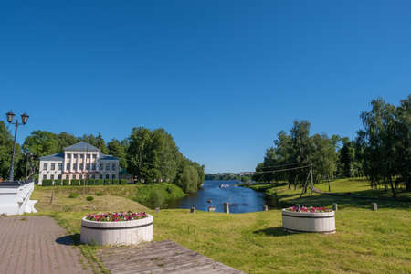 View of the Uglich Museum and Kamenny Brook flowing into the Volga River on a sunny summer day.のeditorial素材