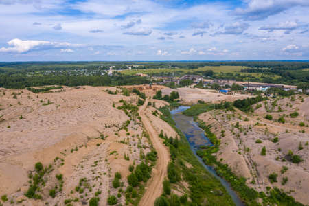 Sand quarry near the village of Khromtsovo, Ivanovo region, on a sunny summer day, photo taken from...