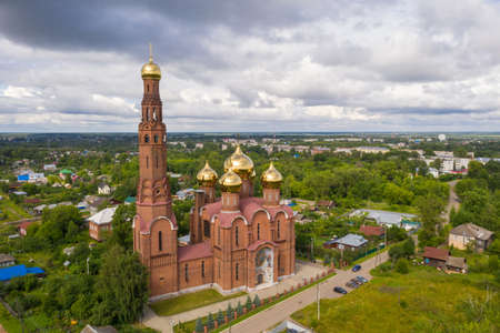 Panorama of the city of Vichuga with the Church of the Resurrection of Christ on a summer day, Ivanovo region, Russia. Photo taken from a drone.の写真素材