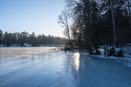 The beginning of winter on the Talka river in the city of Ivanovo on a sunny frosty day, Russia.の写真素材