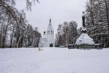 The Assumption Cathedral and the monument to Prince Vasily the First in Ples on a winter cloudy day, Ivanovo region, Russia.の写真素材