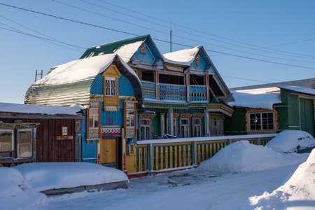Bogdanikha shtetl, Ivanovo region, Russia-02.02.2021: Original building with bright paintwork in Bogdanikha shtetl, Ivanovo region, Russia.のeditorial素材