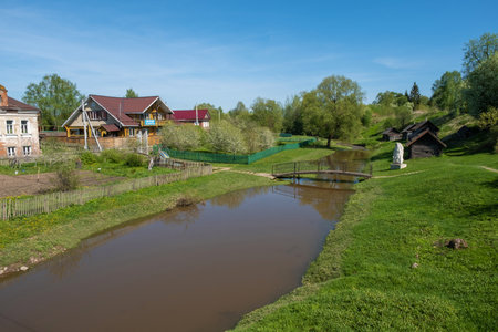 Ukhtanka River in the village of Vyatskoye, Yaroslavl region on a sunny day, Russia.の写真素材
