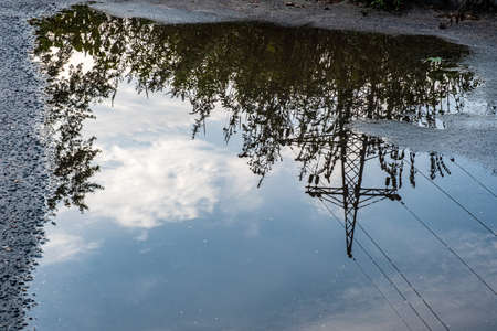 Reflection of tall grass, power lines and the sky with white clouds in a large puddle on the...