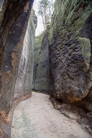 The way through the gorge in Oybin at the castle. The gorge was artificially created by human hands in the Middle Ages.の写真素材