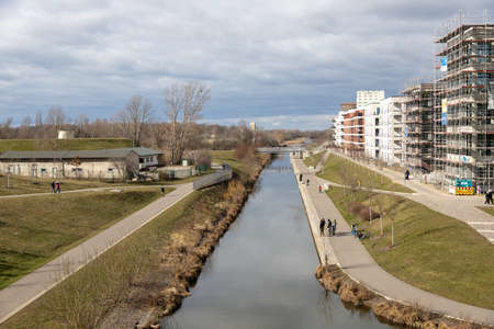 The new harbor in Leipzig on a sunny day in spring or winterのeditorial素材