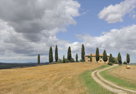 Villla among cypress trees in Tuscany, Italyの写真素材