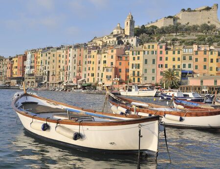 Traditional boats in harbor at Porto Venere, La Spezia, Italyの写真素材