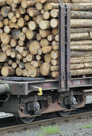 Closeup of cut logs on a wagon trainの写真素材