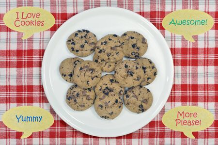 Cookies on plate with speech bubbles made from cookie doughの写真素材