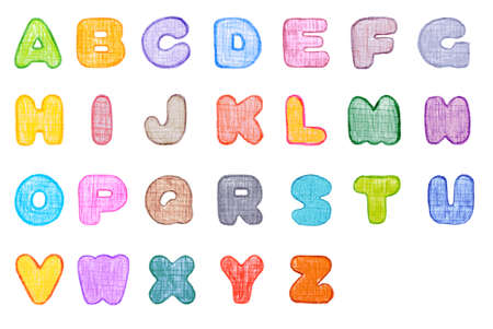 Alphabet canvas textured font, made with wax crayons over white background  Every letter in different colour の写真素材
