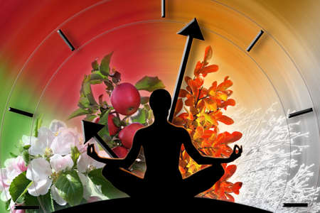 Female yoga figure against collage of pictures representing four seasons of the year  Circle of life and passing time concept の写真素材