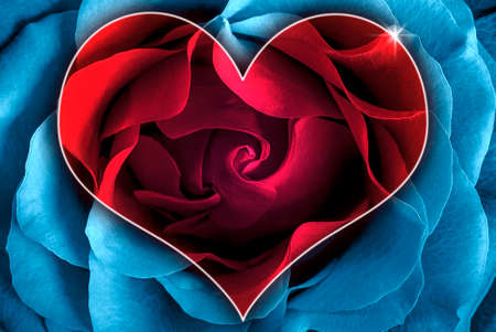 Blue toned rose with heart symbol from petal in center の写真素材