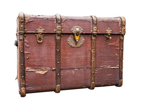 Old worn travel luggage isolated on white. Path included.の写真素材