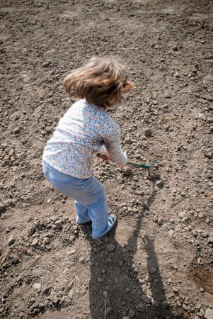 Girl digging in dry organic soil by hoe.の写真素材