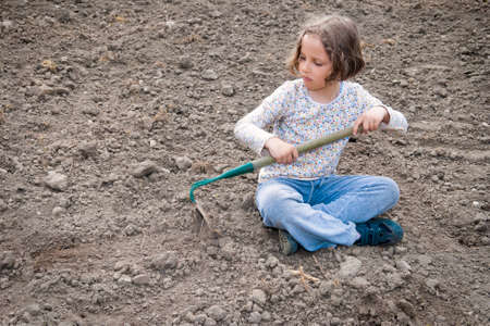 Girl digging in dry organic soil by hoe.の写真素材