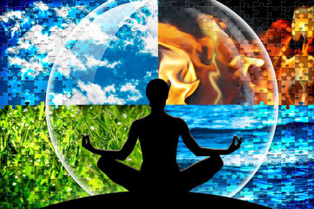 Female yoga figure in a circle composed of four puzzle cut natural elements (water, fire, earth, air)  as a concept for open mind, inner power, serene.の写真素材