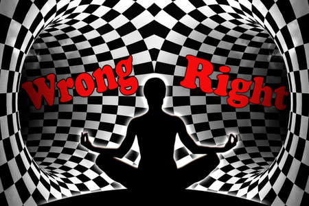Female yoga figure in front of two dark tunnels before the decision right or wrong.の写真素材