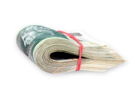 100 polish zloty leafs bunch tied with rubber band. Isolated on white. Path included.の写真素材