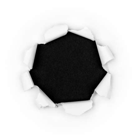 Paper hole in white paper with ragged edges with black background.の写真素材
