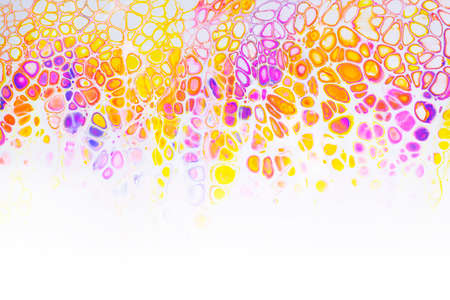 Colorful abstract acrylic painting. Free flowing cells on white. Pouring.の写真素材