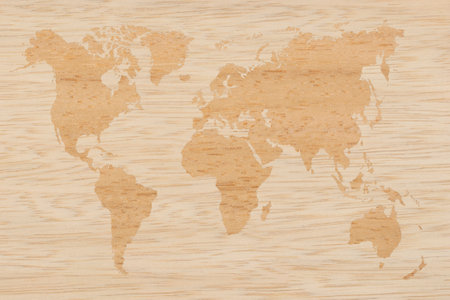Bright World Map on two types wooden texture background.の写真素材