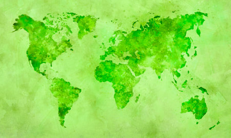World map in green watercolor painting abstract splatters on paper.の写真素材