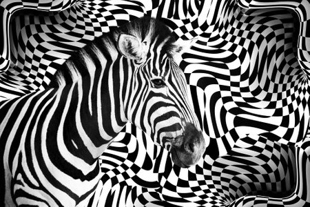Detail of a zebra head over an abstract black and white curves 3D frame background.の写真素材