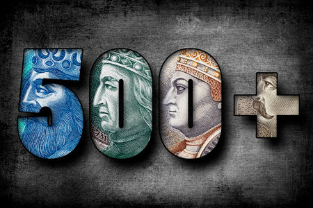 Inscription 500+ (systemic support for Polish families) made of Polish Banknotes. Concept of family...