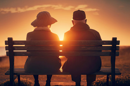 Senior couple enjoying sunset on the bench. AI Generativeの素材