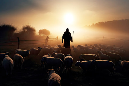 Silhouette of Jesus Christ Leading Sheep during sunset. AI generatedの素材
