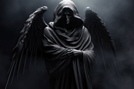Death Skeleton Angel in Black Clothes, Hood with Wings. AI generativeの素材