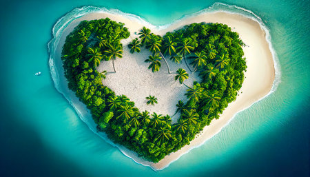 Tropical Green Island in the Shape of Heart. AI generativeの素材