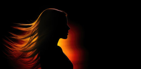 Silhouette of Woman in profile with Flowing Long Blonde Hair. AI generative. Black Background.の素材