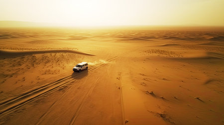 SUV Riding on Desert Sand During Sunrise. AI generative. Drone Point of View.の素材