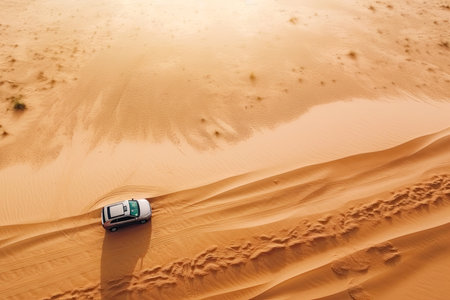 SUV Riding on Desert Sand During Sunny Day. AI generative. Drone Point of View.の素材