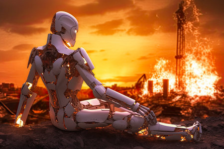 Pensive Humanoid Robot Against Destroyed Earth in Fire. AI generative. Apocalypse Concept.の素材