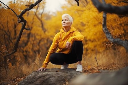 Senior Active Woman Doing Exercises Outdoor. AI generative. Autumn Yellow Forest  Landscape on Background.の素材