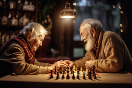 Senior Couple Having Fun Playing Chess at Home. AI generativeの素材