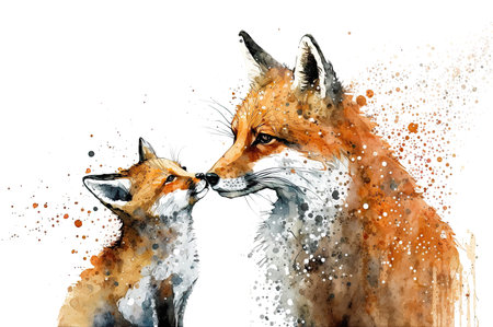 Watercolor Colorful Portrait Splatter Painting of Fox Mother with Baby. AI generative. Isolated on White Backgroundの素材