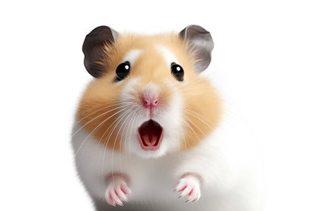 Close-up Funny Portrait of Surprised Hamster with Huge Eyes. AI generative. Isolated on White Background.の素材