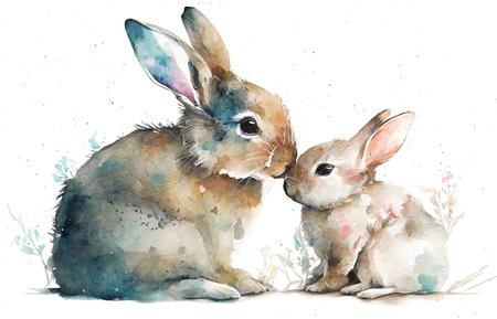 Watercolor Colorful Portrait Splatter Painting of Rabbit Mother with Baby. AI generative. Isolated on White Backgroundの素材