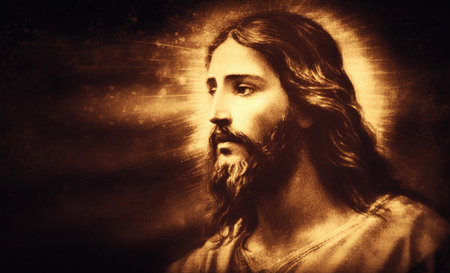 Vintage Illustration of Jesus Christ. AI generative. Retro Painting Texture.の素材