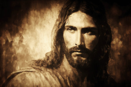 Old Illustration of Jesus Christ. AI generative. Retro Painting Texture.の素材